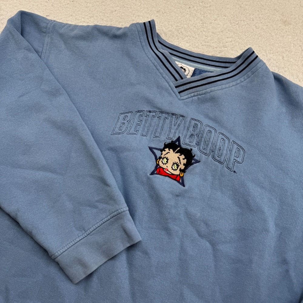 Vintage 2001 Betty Boop Sweatshirt Womens Large Blue Embroidered V-Neck Pullover